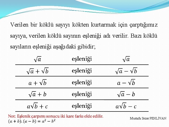 Verilen bir köklü sayıyı kökten kurtarmak için çarptığımız sayıya, verilen köklü sayının eşleniği adı