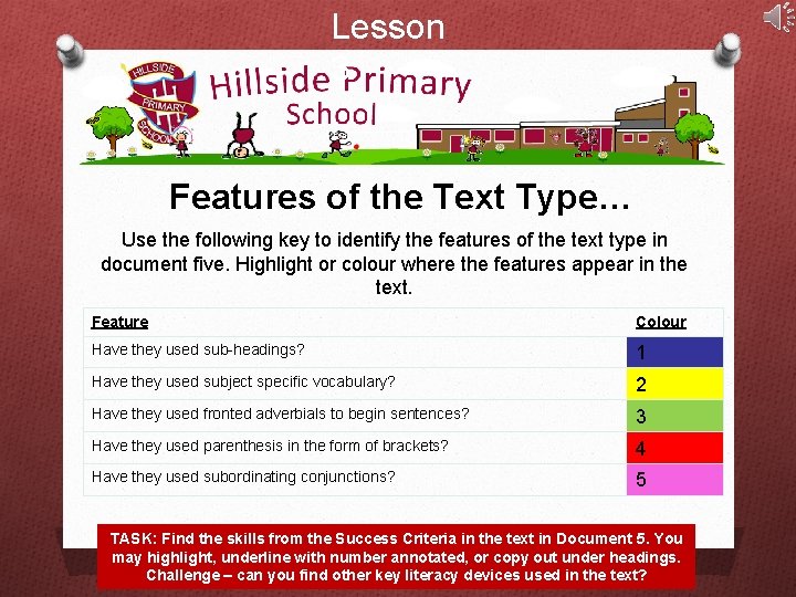 Lesson 3 Features of the Text Type… Use the following key to identify the