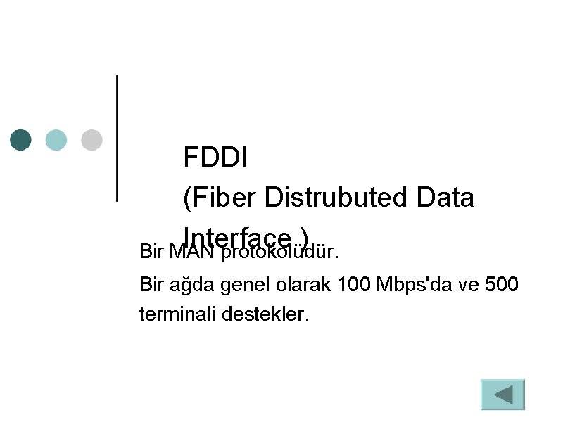 FDDI (Fiber Distrubuted Data Interface ) Bir MAN protokolüdür. Bir ağda genel olarak 100