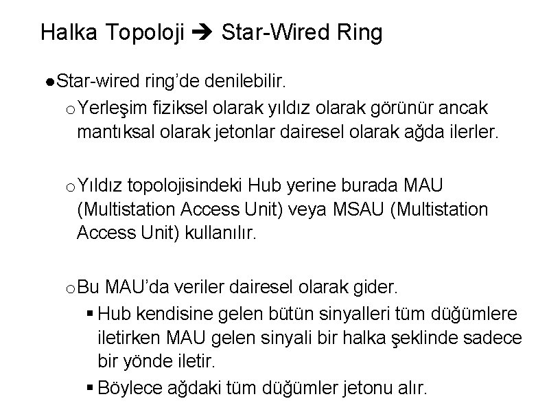 Halka Topoloji Star-Wired Ring ● Star-wired ring’de denilebilir. o Yerleşim fiziksel olarak yıldız olarak