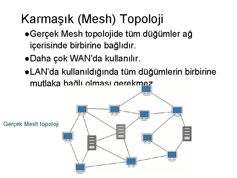 Karmaşık (Mesh) Topoloji ●Gerçek Mesh topolojide tüm düğümler ağ içerisinde birbirine bağlıdır. ●Daha çok