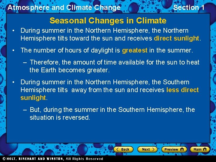 Atmosphere and Climate Change Section 1 Seasonal Changes in Climate • During summer in Atmosphere and Climate Change Section 1 Seasonal Changes in Climate • During summer in