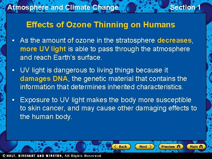 Atmosphere and Climate Change Section 1 Effects of Ozone Thinning on Humans • As Atmosphere and Climate Change Section 1 Effects of Ozone Thinning on Humans • As