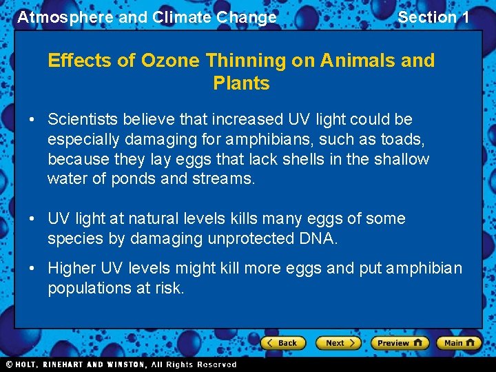 Atmosphere and Climate Change Section 1 Effects of Ozone Thinning on Animals and Plants