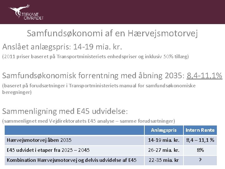 Samfundsøkonomi af en Hærvejsmotorvej Anslået anlægspris: 14 -19 mia. kr. (2011 priser baseret på