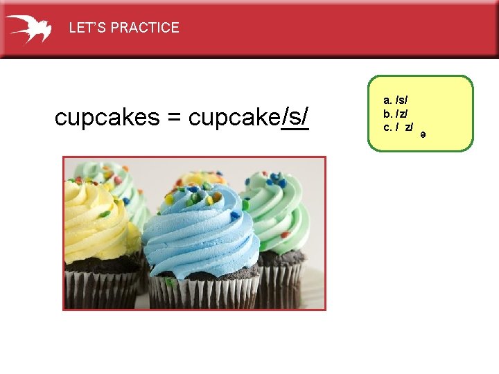 LET’S PRACTICE e /s/ cupcakes = cupcake__ a. /s/ b. /z/ c. / z/