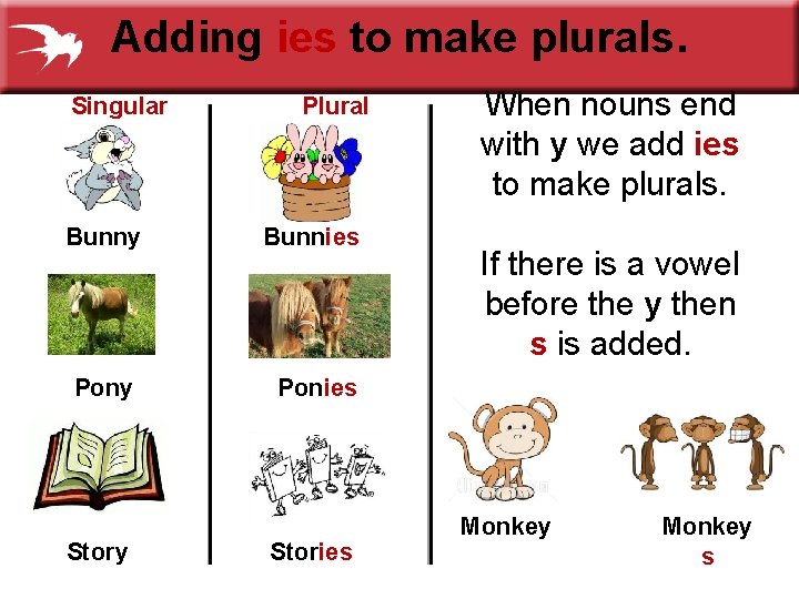 Adding ies to make plurals. Singular Plural Bunny Bunnies Pony Ponies Story Stories When