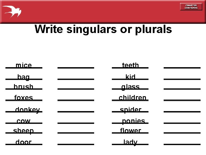 Write singulars or plurals mice teeth bag brush foxes kid glass children donkey spider