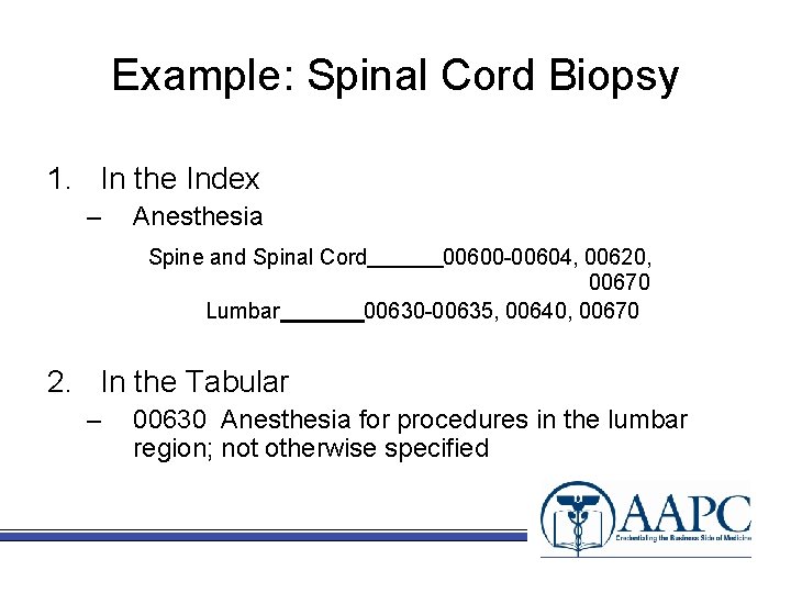 Example: Spinal Cord Biopsy 1. In the Index – Anesthesia Spine and Spinal Cord