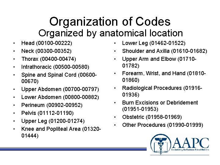 Organization of Codes Organized by anatomical location • • • Head (00100 -00222) Neck