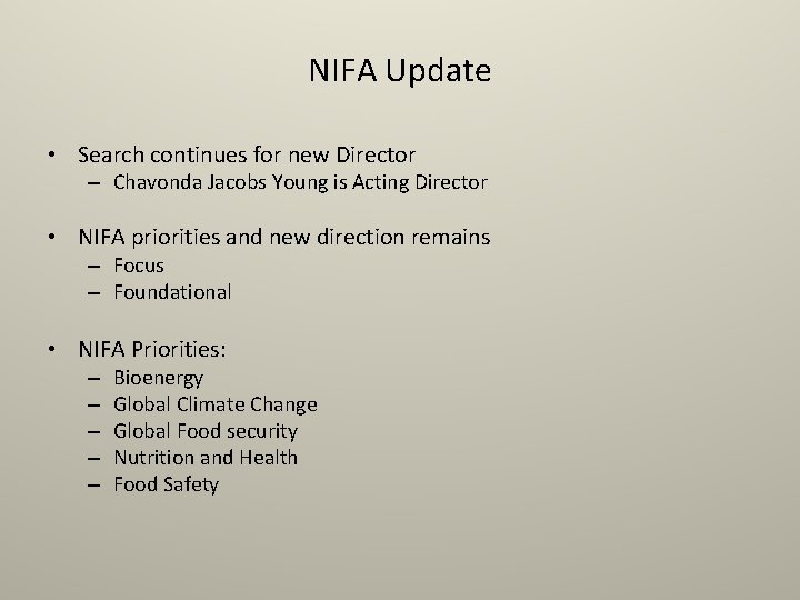NIFA Update • Search continues for new Director – Chavonda Jacobs Young is Acting NIFA Update • Search continues for new Director – Chavonda Jacobs Young is Acting
