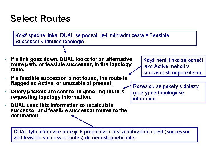 Select Routes Když spadne linka, DUAL se podívá, je-li náhradní cesta = Feasible Successor