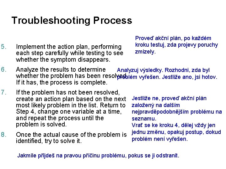 Troubleshooting Process Proveď akční plán, po každém kroku testuj, zda projevy poruchy zmizely. 5.