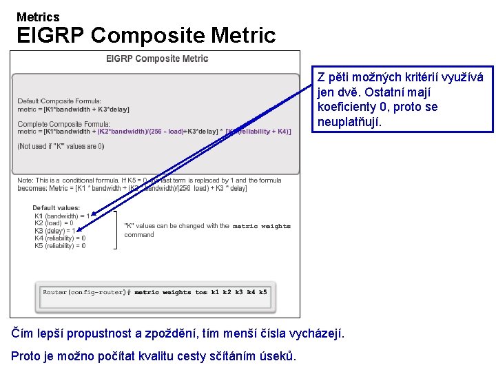 Metrics EIGRP Composite Metric Z pěti možných kritérií využívá jen dvě. Ostatní mají koeficienty