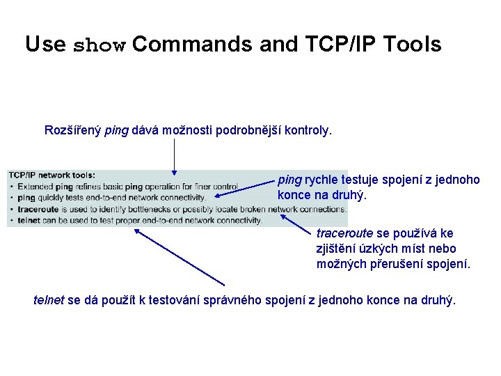 Use show Commands and TCP/IP Tools Rozšířený ping dává možnosti podrobnější kontroly. ping rychle