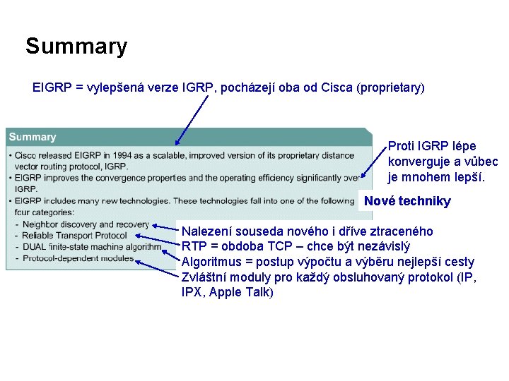 Summary EIGRP = vylepšená verze IGRP, pocházejí oba od Cisca (proprietary) Proti IGRP lépe