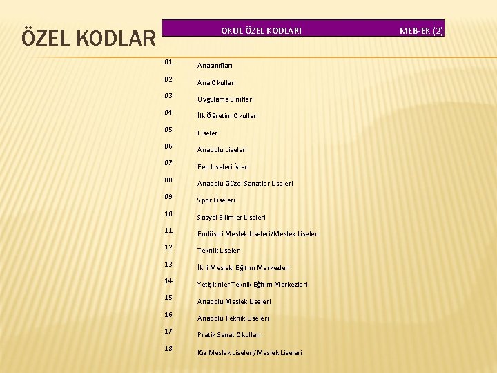 OKUL ÖZEL KODLARI ÖZEL KODLAR 01 Anasınıfları 02 Ana Okulları 03 Uygulama Sınıfları 04