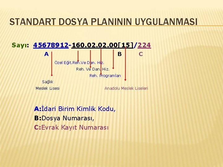 STANDART DOSYA PLANININ UYGULANMASI Sayı: 45678912 -160. 02. 00[15]/224 A B C Özel Eğit.