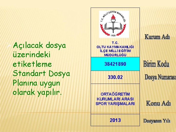 Ø Açılacak dosya üzerindeki etiketleme Standart Dosya Planına uygun olarak yapılır. T. C. OLTU