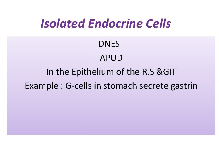 Isolated Endocrine Cells DNES APUD In the Epithelium of the R. S &GIT Example Isolated Endocrine Cells DNES APUD In the Epithelium of the R. S &GIT Example
