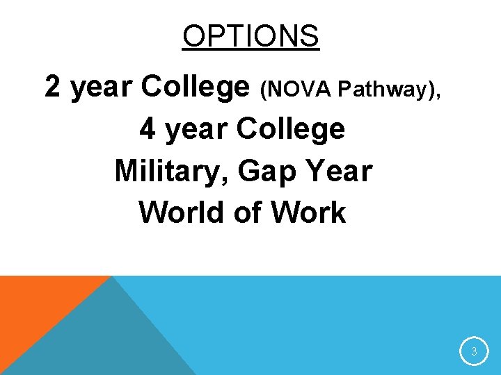 OPTIONS 2 year College (NOVA Pathway), 4 year College Military, Gap Year World of
