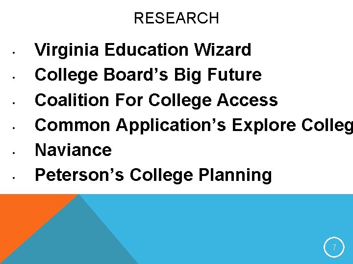 RESEARCH • • • Virginia Education Wizard College Board’s Big Future Coalition For College