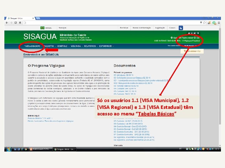 Só os usuários 1. 1 (VISA Municipal), 1. 2 (VISA Regional) e 1. 3