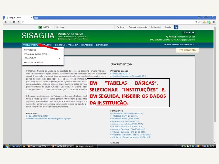 EM “TABELAS BÁSICAS”, SELECIONAR “INSTITUIÇÕES” E, EM SEGUIDA, INSERIR OS DADOS DA INSTITUIÇÃO. 