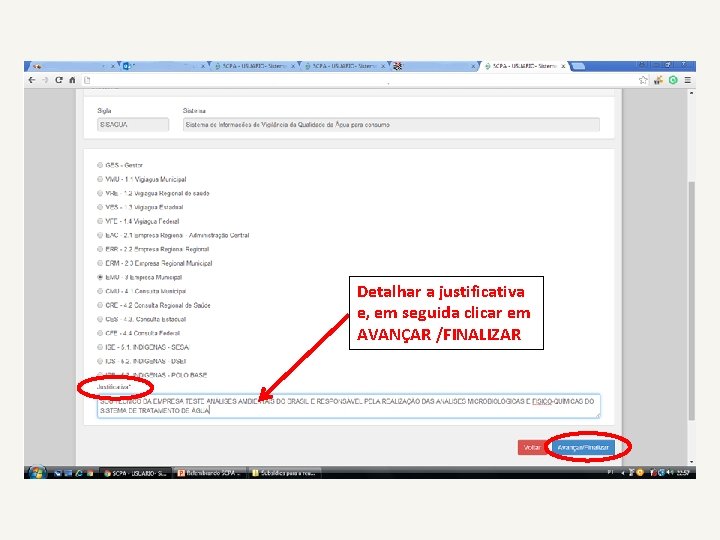 Detalhar a justificativa e, em seguida clicar em AVANÇAR /FINALIZAR 