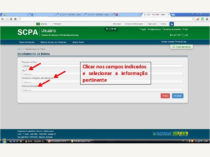 Clicar nos campos indicados e selecionar a informação pertinente 