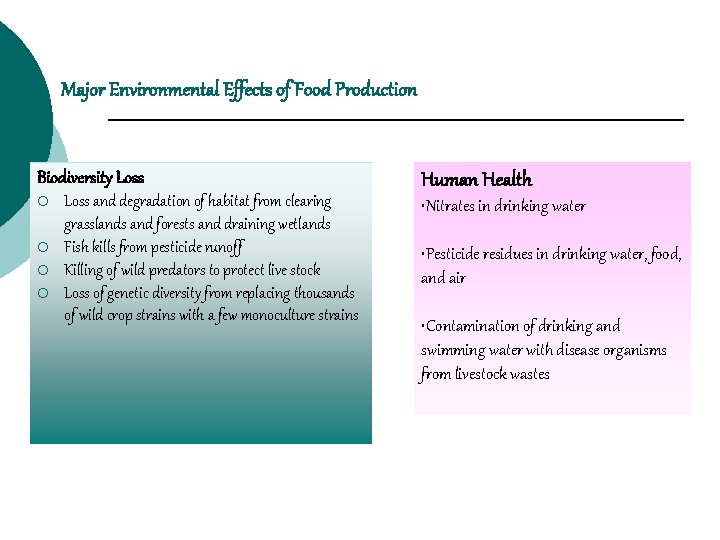 Major Environmental Effects of Food Production Biodiversity Loss ¡ ¡ Loss and degradation of