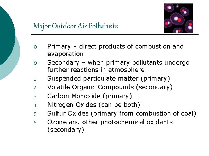 Major Outdoor Air Pollutants ¡ ¡ 1. 2. 3. 4. 5. 6. Primary –