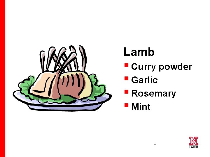 Lamb § Curry powder § Garlic § Rosemary § Mint 20 20 20 