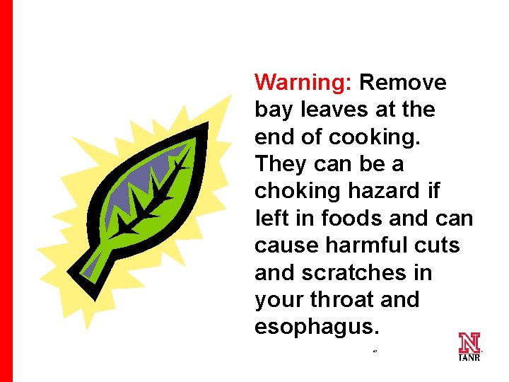 Warning: Remove bay leaves at the end of cooking. They can be a choking