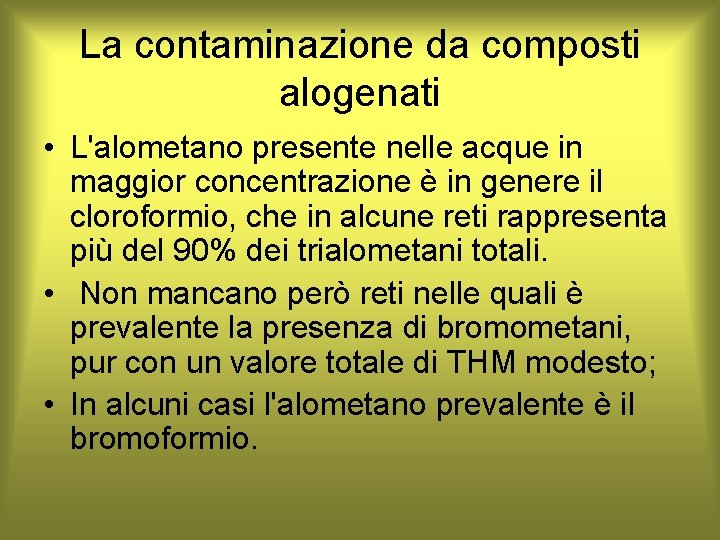 La contaminazione da composti alogenati • L'alometano presente nelle acque in maggior concentrazione è
