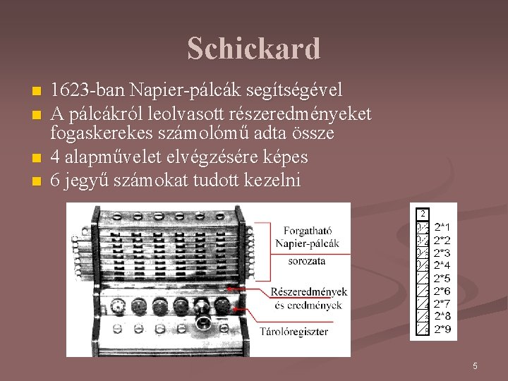 Schickard n n 1623 -ban Napier-pálcák segítségével A pálcákról leolvasott részeredményeket fogaskerekes számolómű adta