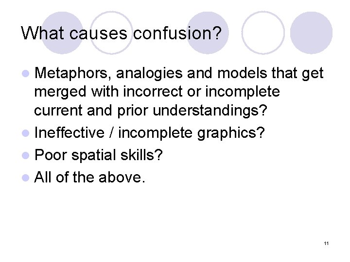 What causes confusion? l Metaphors, analogies and models that get merged with incorrect or