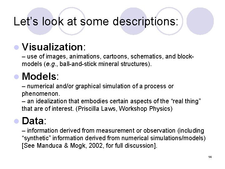 Let’s look at some descriptions: l Visualization: – use of images, animations, cartoons, schematics,