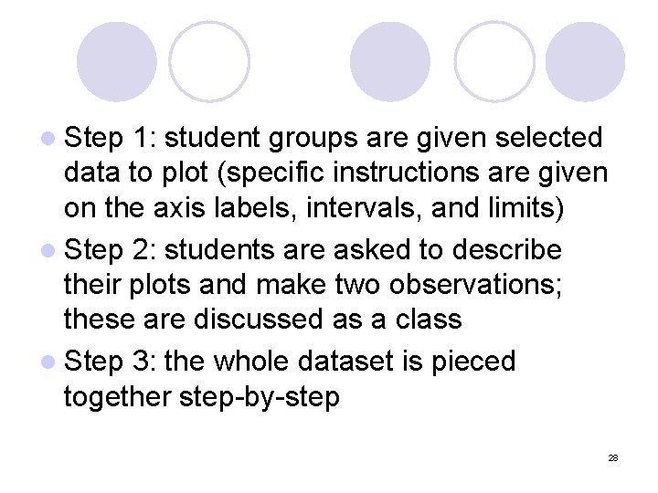 l Step 1: student groups are given selected data to plot (specific instructions are