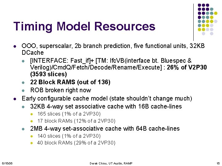 Timing Model Resources l l OOO, superscalar, 2 b branch prediction, five functional units,