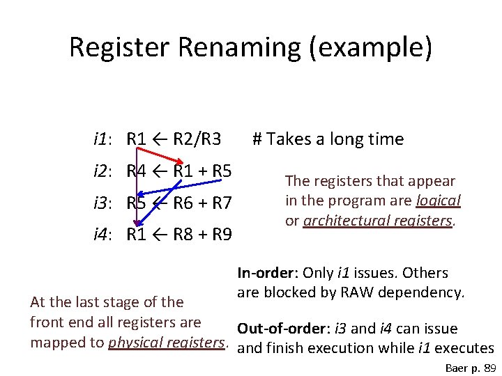 Register Renaming (example) i 1: R 1 ← R 2/R 3 i 2: R