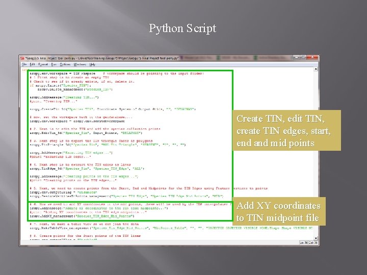 Python Script Create TIN, edit TIN, create TIN edges, start, end and mid points Python Script Create TIN, edit TIN, create TIN edges, start, end and mid points