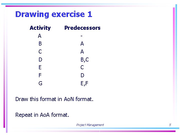 Drawing exercise 1 Activity A B C D E F G Predecessors A A