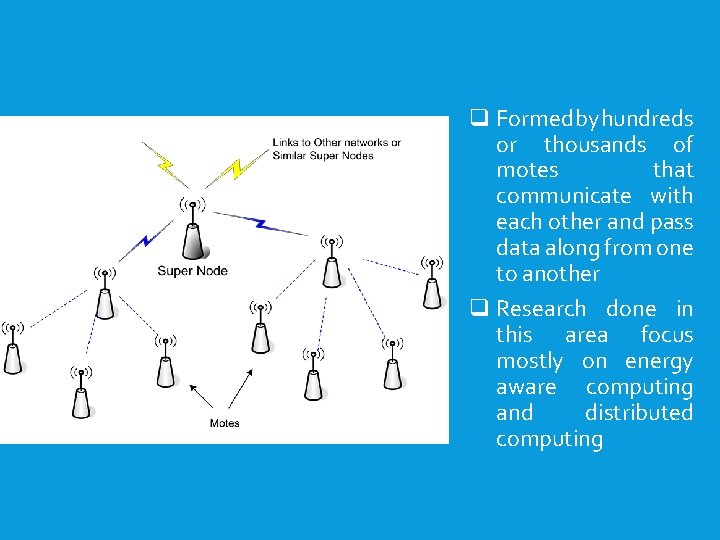q Formed by hundreds or thousands of motes that communicate with each other and