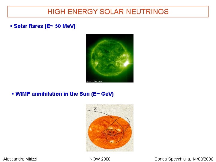 HIGH ENERGY SOLAR NEUTRINOS § Solar flares (E~ 50 Me. V) § WIMP annihilation