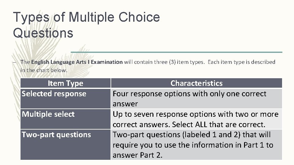 Types of Multiple Choice Questions – The English Language Arts I Examination will contain