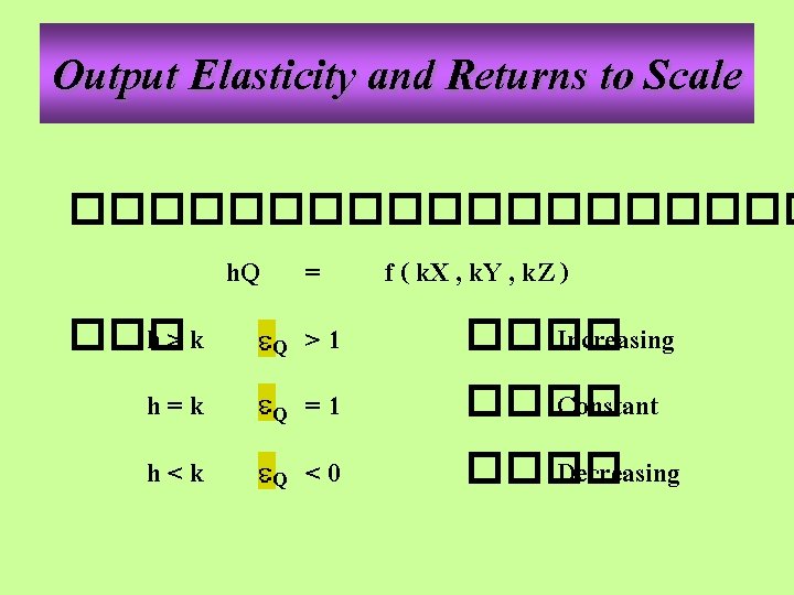 Output Elasticity and Returns to Scale ���������� h. Q = f ( k. X