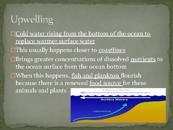 Upwelling �Cold water rising from the bottom of the ocean to replace warmer surface