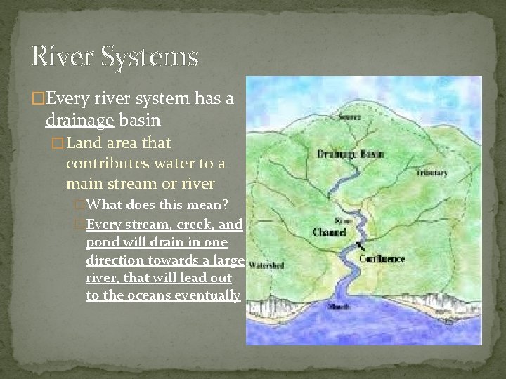 River Systems �Every river system has a drainage basin � Land area that contributes