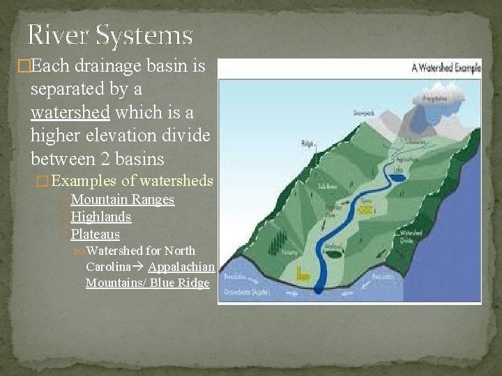 River Systems �Each drainage basin is separated by a watershed which is a higher